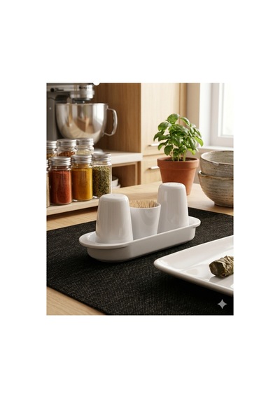 Kırılmaz Termo Melamin 4 Parça Tuzluk Biberlik Kürdanlık Seti - 20x5x7 Cm - Beyaz Beyaz