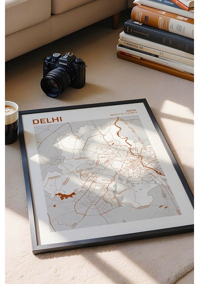 Delhi Hindistan India Haritası Çerçeveli Tablo Lüks Salon Ofis Duvar Dekorasyonu Hediyelik Tablo Siyah