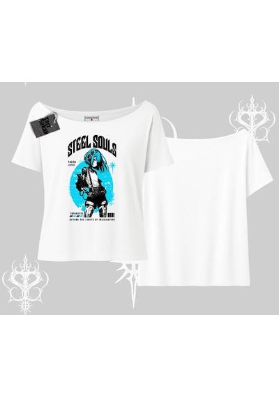 Startmore Startmore Kayık Yaka Tshirt Anime Cyberpunk Kız Baskılı Beyaz
