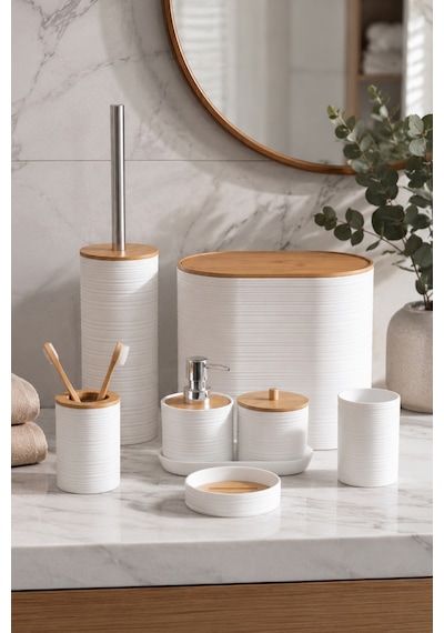 Porsima 4531 8 Parça Banyo Seti - Bambu Kapaklı Çöp Kovası, Sabunluk, Diş Fırçalığı Ve Wc Fırçası Beyaz