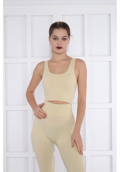 Escetic Kadın Spor Bej Toparlayıcı, Yüksek Bel Fitnes Bra Tayt Takım-4329 - Xs