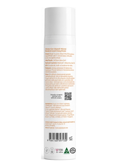 Minela Care Organik Mineral Filtreli Bebek Ve Çocuk Güneş Kremi SPF50 110 G