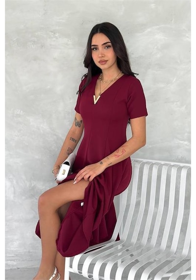 Dipmoda Kadın Esnek V-yaka Midi Boy Astarsız Elbise Dpk4179 Bordo