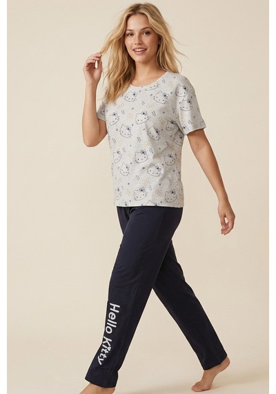 Siyah İnci Hello Kitty Lisanslı %100 Pembe Çok Renkli Bisklet Yaka Pijama Takım 26120461 Gri