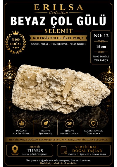 Sertifikalı Beyaz Çöl Gülü Selenit Taşı Kütle - 15 Cm Koleksiyonl