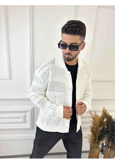 Elku Moda Hırka Oversize Özel Örgülü Triko Desenli Salaş Örgü Hırka Beyaz