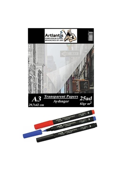 Aydınger Kağıdı A3 83 Gr 25'li 1 Paket Eskiz Kağıdı Lineplus Asetat Kalemi S 0.3 Siyah Kırmızı Mavi