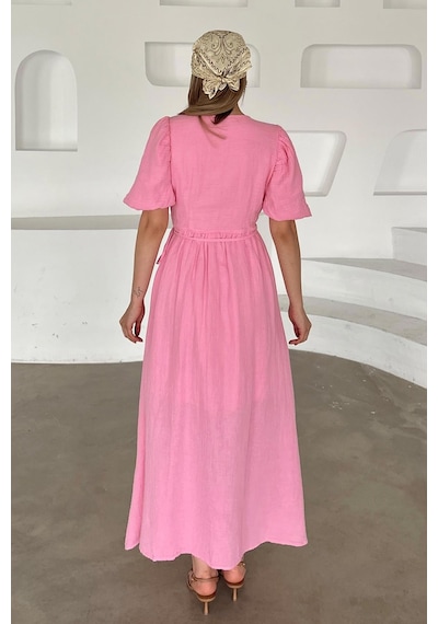 Olcay V Yaka Belden Bağlamalı Müslin Elbise Pembe 9354-e