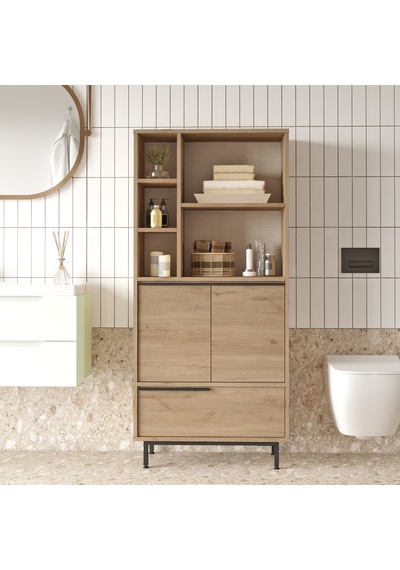Lidya Banyo Dolabı Çok Amaçlı Dolap 3 Kapaklı Metal Ayaklı Sepet Kahverengi