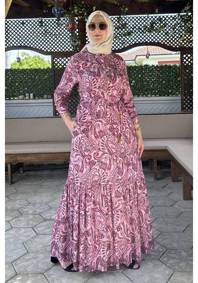 Rabia Şamlı Rengin Şal Desenli Gömlek Elbise Fuşya Normal