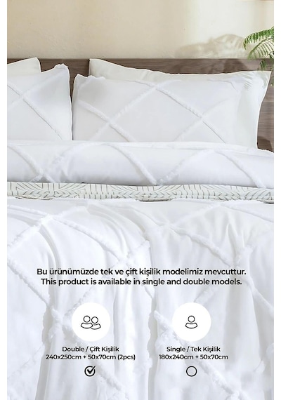 Evlen Home Pamuklu Aimar Yatak Örtüsü Takımı Çift Kişilik Günlük Boho 3 Parça Elyaf Dolgulu Beyaz Beyaz