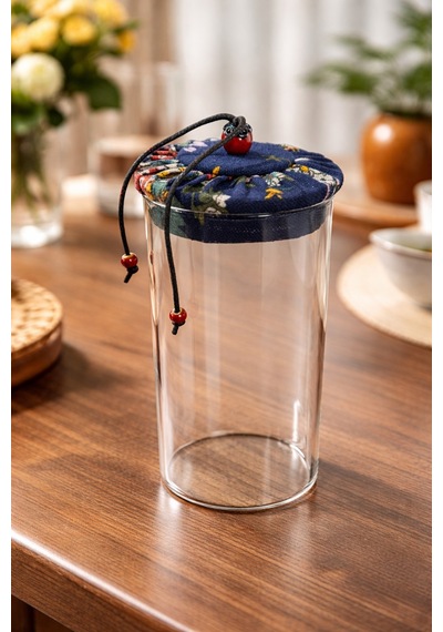 Makri Home 800 Ml Borosilikat Cam Hava Geçirmez Lacivert Kumaş Kaplama Bambu Kapaklı Kavanoz, Çap:8 Cm, H:21 Cm Lacivert
