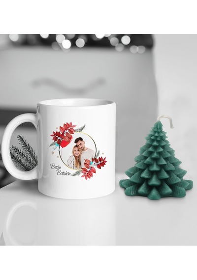 Yılbaşı Hediyesi Bk Gift Kişiye Özel İsimli Fotoğraflı Beyaz Kupa Bardak Ve Kokulu Çam Ağacı Mum Hediye Seti, Sevgiliye Hediye, Doğum Günü Hediyesi