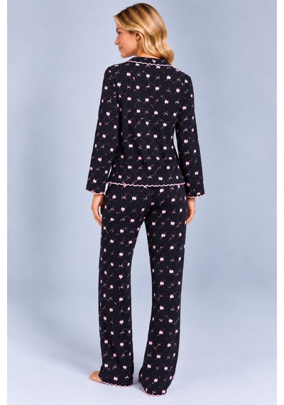 Pijamask Kadın Desenli Fiyonk Detaylı Düğmeli Uzun Kollu Müslin Pijama Takımı Siyah