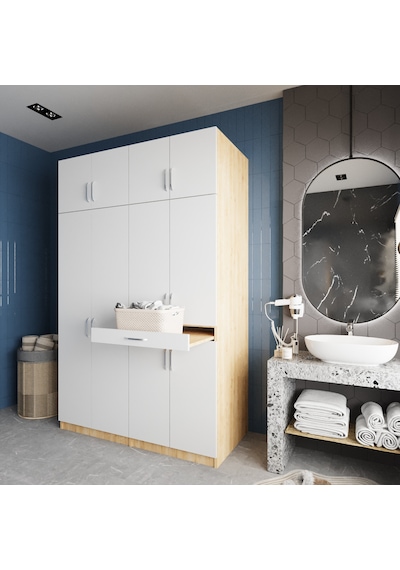 Megan Çamaşır Ve Kurutma Makinesi Dolabı Banyo Dolabı Meşe Beyaz Meşe Beyaz