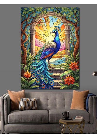 Ahşap Tablo Vitray Desenli Tavus Kuşu