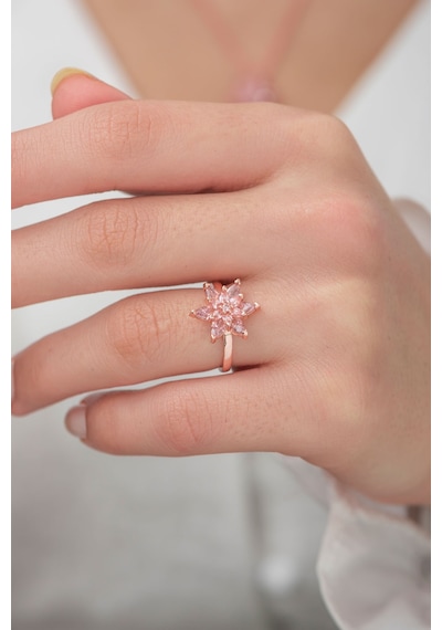 Rose Altın Kaplama Pembe Taşlı Nilüfer Çiçeği Kadın Yüzük Pembe
