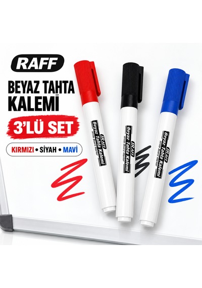 Raff Beyaz Tahta Kalemi 3 Lü Set Kırmızı Siyah Mavi Whiteboard Marker Çok Renkli