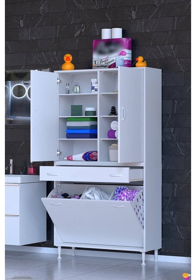 Yeni Afra 90 Cm 3 Gözlü Kirli Çamaşır Sepet, 2 Kapak Ve 2 Gözlü Çekmece 8 Raflı Çok Amaçlı Banyo Dolabı Beyaz Yeni Afra 90 Cm 3 Gözlü Kirli Çamaşır Sepet, 2 Kapak Ve 2 Gözlü Çekmece 8 Raflı Çok Amaçlı Banyo Dolabı Beyaz