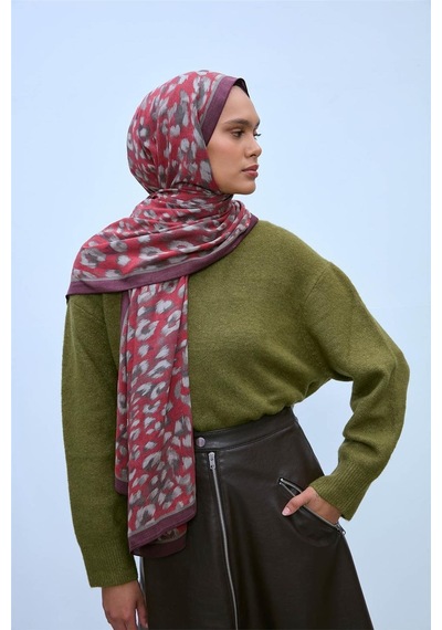Silk Home Eco Viscose Leopar Desen Şal 6001 Kırmızı-Vizon
