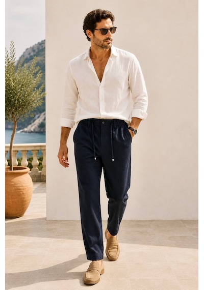 Danger Erkek Pamuk Viskon Kumaş Keten Görünümlü Lacivert Slim Fit Pantolon - 216dngr