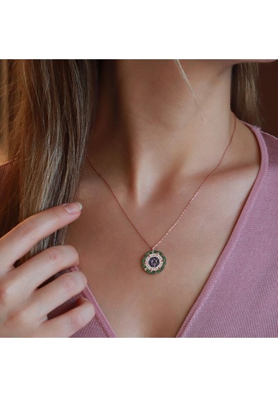 Renkli Zirkon Taşlı Yıldız Rose Gold Kaplama Gümüş Kolye Gümüş