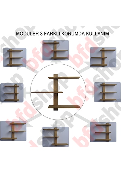 Bfdshop Dekoratif Modüler 3lü Masif Duvar Rafı Ceviz