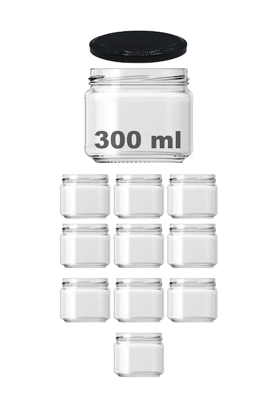 Rotanev Metal Siyah Konserve Kapaklı Magnolya ve Gıda Saklama 300 cc Şeffaf Cam Kavanoz 10 Adet 300 ml