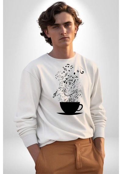 Kahve Müzik Nota Unisex Beyaz Sweatshirt Beyaz