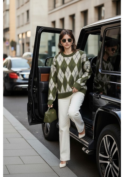 Lela Oversize Fit Bisiklet Yaka Baklava Desenli Yumuşak Dokulu Bayan Kazak 4616223 Haki