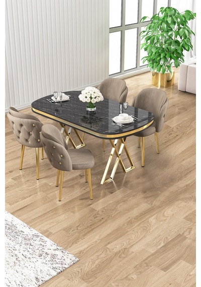 Canisa Zae Serisi 90x168 Lak Panel Siyah Mermer Desen Gold Ayak Masa Takımı 4 Cappucino Sandalye Siyah Mermer Desen Masa, Cappucino Sandalye Canisa Zae Serisi 90x168 Lak Panel Siyah Mermer Desen Gold Ayak Masa Takımı 4 Cappucino Sandalye Siyah Mermer Desen Masa, Cappucino Sandalye
