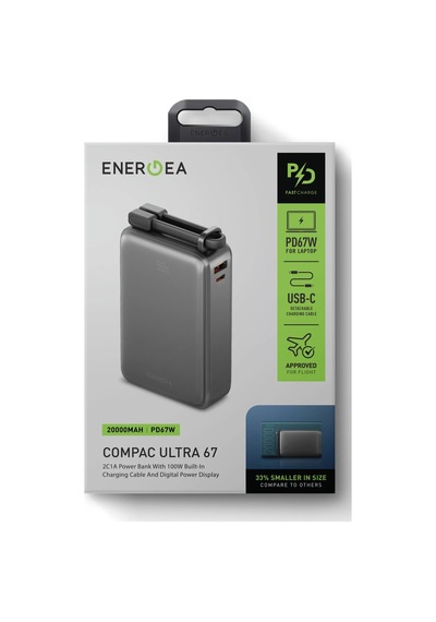 Compac Ultra67 20.000 Mah 2 Adet 67w Type-c Ve 18w Usb Ekstra 100w Kablolu Hızlı Şarj Powerbank Koyu Gri