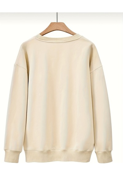 Uyguntarz Unisex Leopar Desenli Kurdele Baskılı Oversize Sweatshirt Bej