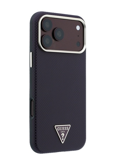 Apple iPhone Uyumlu 18 Pro Kılıf Guess Lisanslı M-safeli Pu Metal Üçgen Logolu Karbon Fiber Kevlar Kapak Bordo