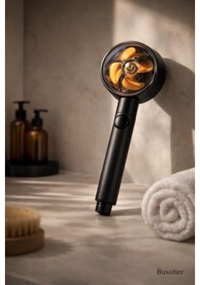 Siyah Pervaneli Turbo Duş Başlığı, 5 Akış Modlu Aç Kapa Kontrollü Yüksek Basınçlı Su Tasarruflu Masaj Etkili Modern Banyo El Duşu Standart Hortum Uyumlu