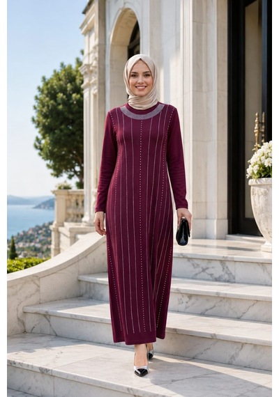 Hb Harma Time Butik Kadın Taş İşlemeli Kristal Kumaş Uzun Tesettür Bordo Elbise