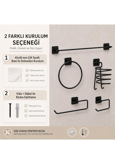 5 Li Siyah Banyo Seti, Yapışkanlı Ve Vidalı Montajlı, Uzun Havluluk, Halka Havluluk, Fön Makinesi Askısı, Solo Havlu Kağıdı Askısı Ve Tuvalet Kağıdı Askısı