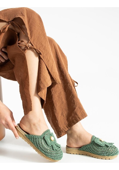 Moda Devrin Yeşil Önü Kapalı Papyon Hasır Örgü Dış Mekan Ve Ev Terliği
