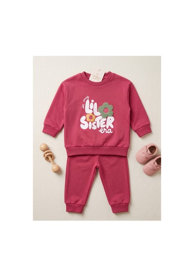 Deniva Kids Kız Çocuk Pembe Çiçek Nakışlı Baskılı Uzun Kollu Alt Üst 2'li Eşofman Takımı