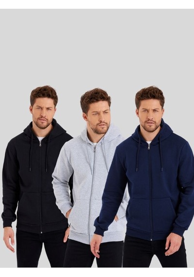MMetalic Siyah-Antrasit-Lacivert Kanguru Cepli Kapüşonlu Fermuarlı İçi Pamuklu 3'Lü Erkek Sweatshirt