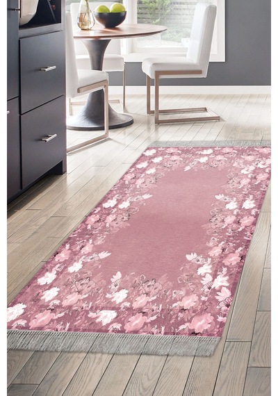 Dijital Baskılı Dikdörtgen Salon Halısı Kaymaz Yıkanabilir Keçe Taban Saçaklı Çiçekli P1388 Bordo