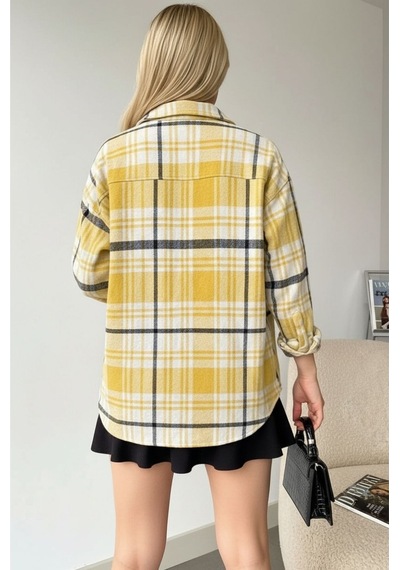 Mamayaga Kadın Desen Bloklu Oduncu Oversize Bol Ve Geniş Kalıp Casual Cepli Yakalı Ceket Gömlek Açık Sarı