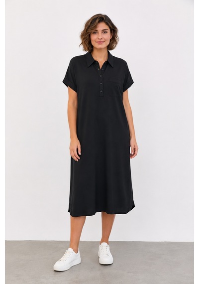 Bihan Store Düğmeli Yakalı Göğüs Cepli Kısa Kollu Midi Boy Shift Elbise Y26-30383-siyah