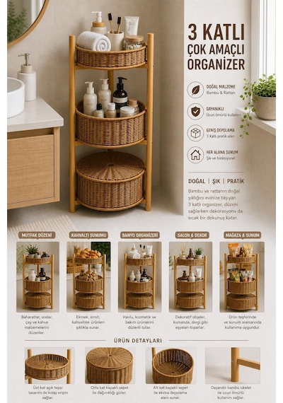 3 Katlı Bambu Rattan Organizer Sepet Mutfak Banyo Salon Düzenleyici Raf Sebzelik Patates Soğanlık