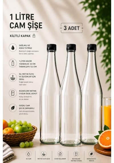 3 Adet Şerbetlik Siyah Plastik Kapaklı Cam Şişe 1 Litre Şeffaf Sürahi Süt, Ayran, Su, Limonata Meşrubat Şişesi