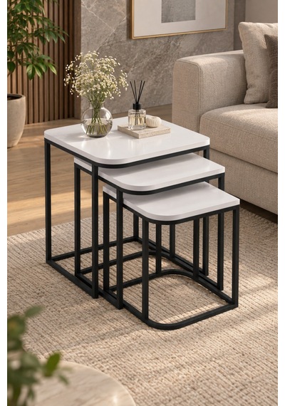 Sulorahome Beyaz 3'lü Kare Zigon Sehpa Seti Metal Ayaklı