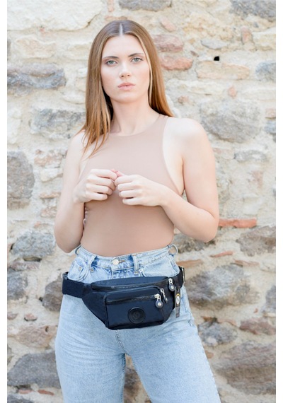 Newish Polo Krinkıl Kumaş Bel Ve Omuz Çantası-free Bag Siyah