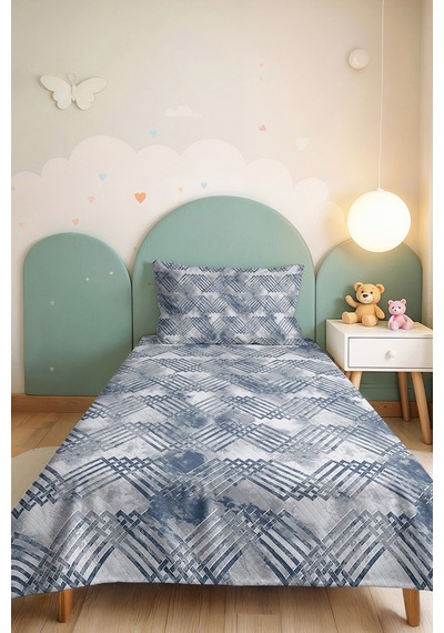 Mavi Geometrik Genç Odası Tek Kişilik Pike Takımı - Gri Minimal 160x220 Cm Kapitone Yatak Örtüsü Bordo