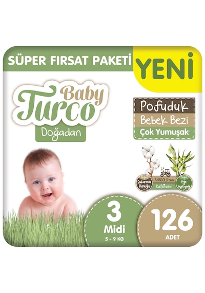 Baby Turco Doğadan Süper Fırsat Paketi Pofuduk Bebek Bezi 3 Numara Midi 126 Adet