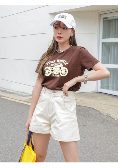Flood Of Style Kadın Kahverengi Four Baskılı Bisiklet Yaka Tshirt